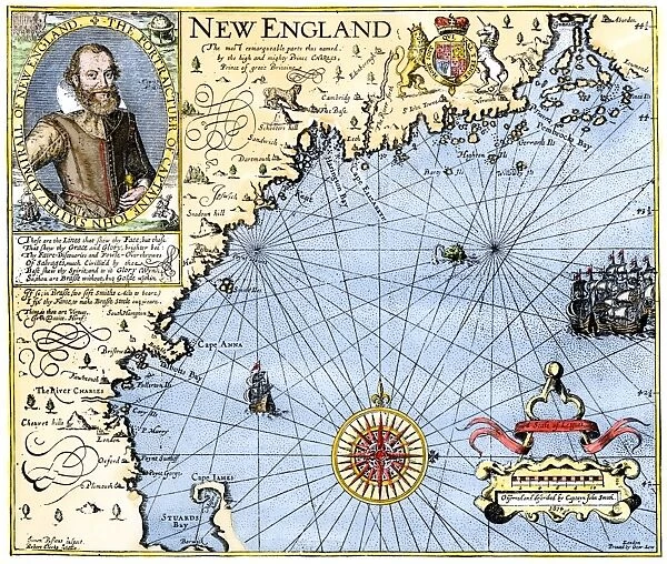 EXPL2A-00291. John Smith's map of New England, with inset portrait, circa 1620.