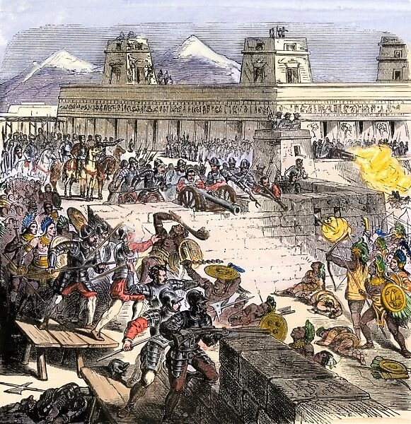 EXPL2A-00301. Spanish invaders attacked by the Aztecs in Tenochtitlan during