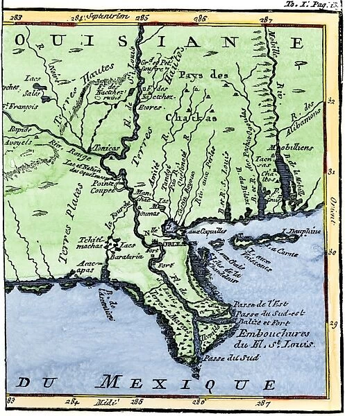 EXPL2A-00302. Map of Louisiana, 1744, showing the mouths of the Mississippi