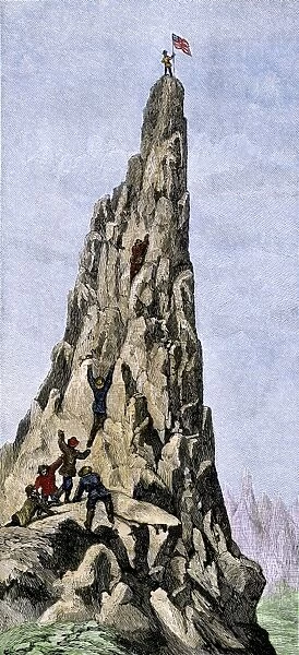 EXPL2A-00348. Fremont expedition raising the American flag on the Rockies, 1842.