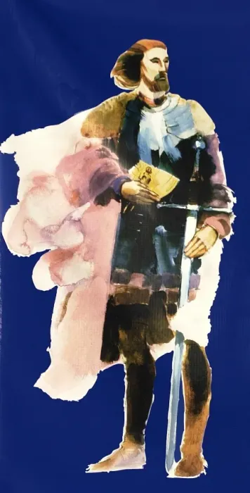 Framed Print : Explorer Joao Rodrigues Cabrillo portrayed on a banner at Cabrillo National Framed Print : Explorer Joao Rodrigues Cabrillo portrayed on a banner at Cabrillo National