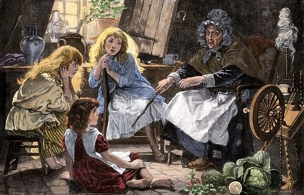 Family storyteller. Old woman telling folklore to young girls in a cottage kitchen