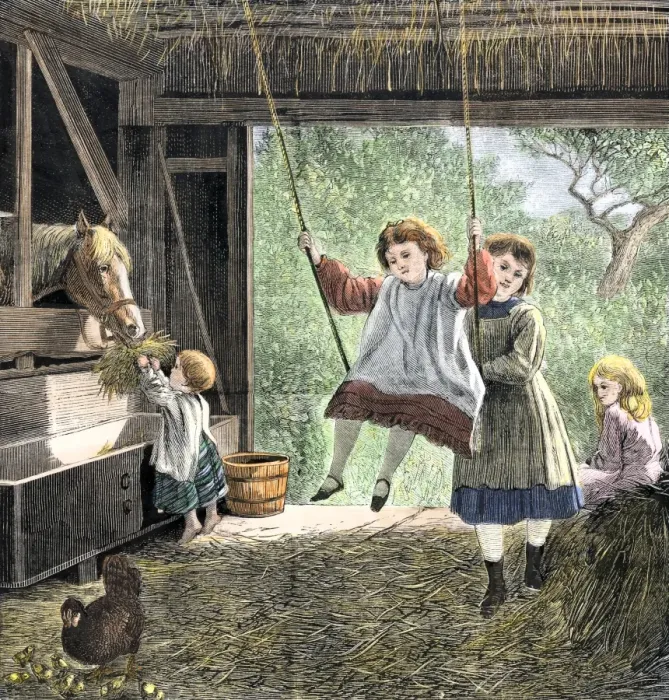 Framed Print : Farm children playing in the barn on a bright May morning Hand-colored woodcut Framed Print : Farm children playing in the barn on a bright May morning Hand-colored woodcut