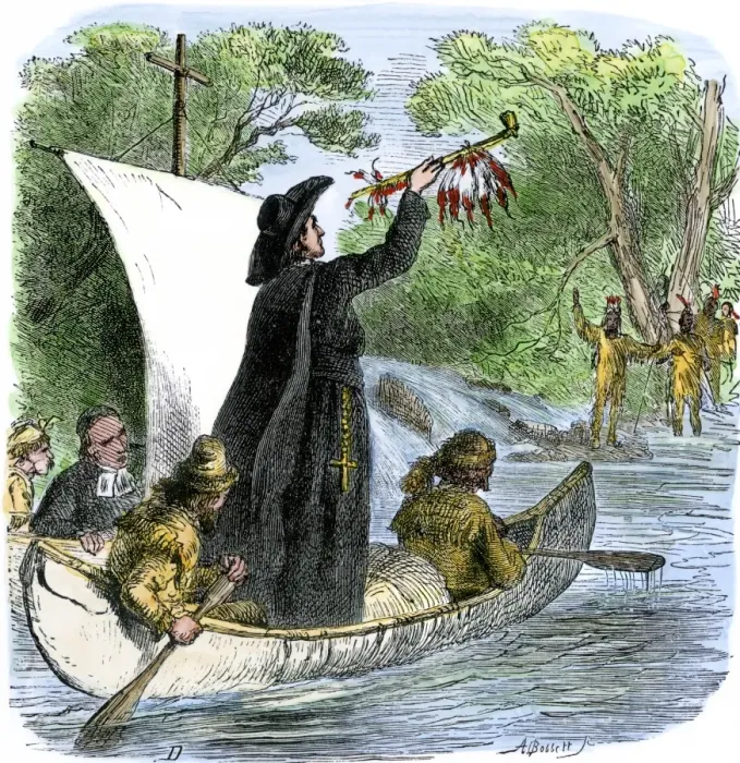 Framed Print : Father Jacques Marquette holding a peace pipe to greet Native Americans during Framed Print : Father Jacques Marquette holding a peace pipe to greet Native Americans during