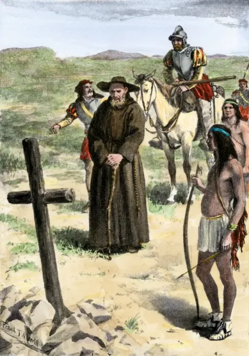 Framed Print : Father Juan de Padilla finds the cross set by Coronado