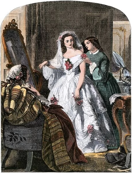 Final touches to the brides wedding gown, 1850s