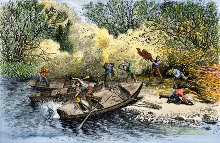Framed Print : Fire destroying the camp of John Wesley Powell during his exploration of Framed Print : Fire destroying the camp of John Wesley Powell during his exploration of