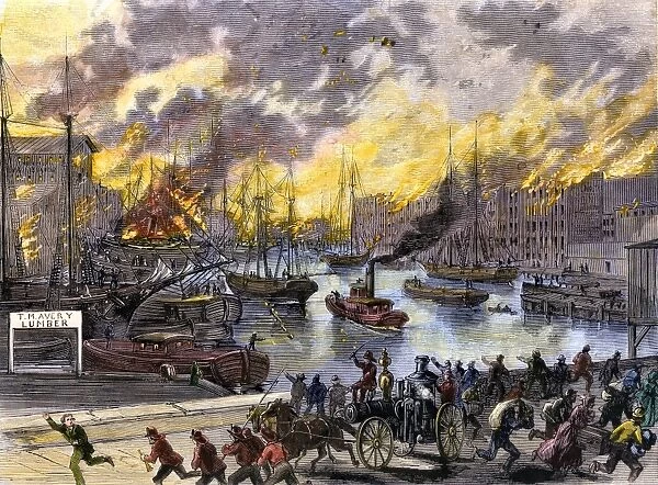 Flames reaching the waterfront, Chicago Fire, 1871