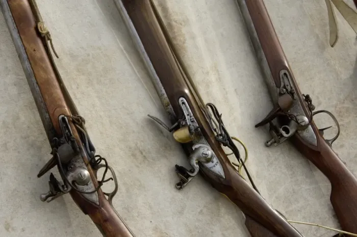 Framed Print : Flintlock muskets at a reenactment on the Yorktown battlefield