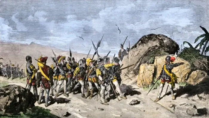 Framed Print : Francisco Pizarro draws a line in the sand in Panama daring his men to follow Framed Print : Francisco Pizarro draws a line in the sand in Panama daring his men to follow