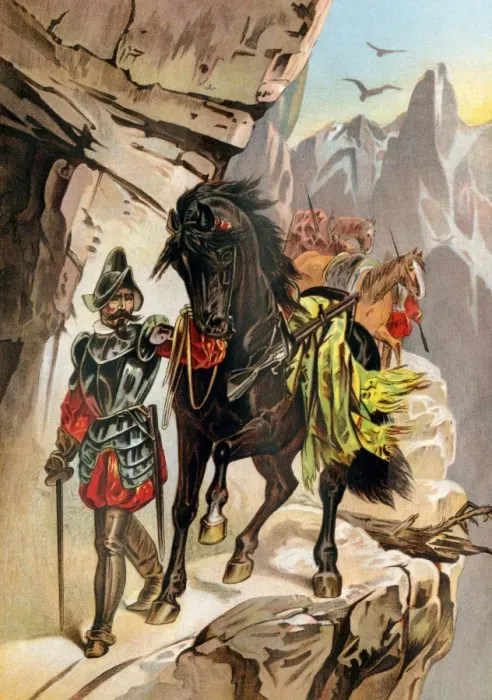 Framed Print : Francisco Pizarro expedition ascending the Andes to conquer the Inca empire in