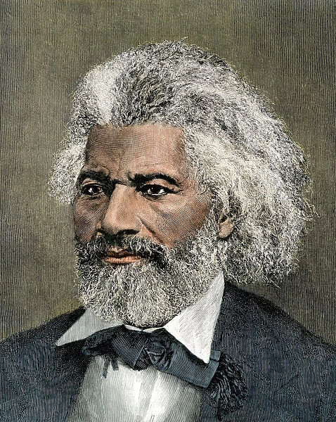 Frederick Douglass portrait.. Hand-colored woodcut of a 19th-century illustration