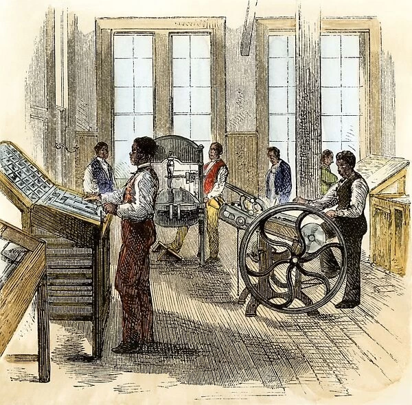 Freedmen in printing class at Hampton Institute, Virginia, 1870s