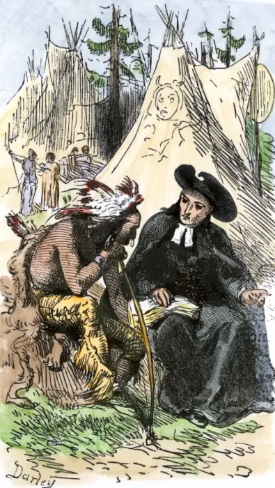 Framed Print : French Jesuit missionary in a Native American village Framed Print : French Jesuit missionary in a Native American village
