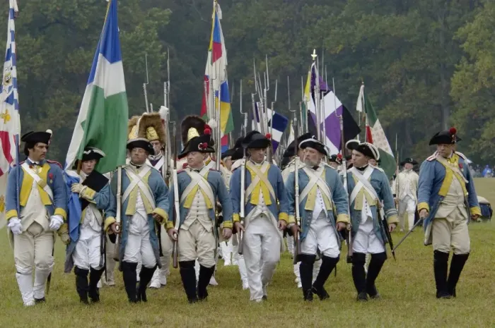 Framed Print : French troops take the field in a reenactment of the surrender at Yorktown Framed Print : French troops take the field in a reenactment of the surrender at Yorktown
