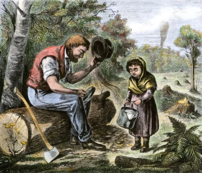 Framed Print : Frontier father getting lunch from his daughter Framed Print : Frontier father getting lunch from his daughter