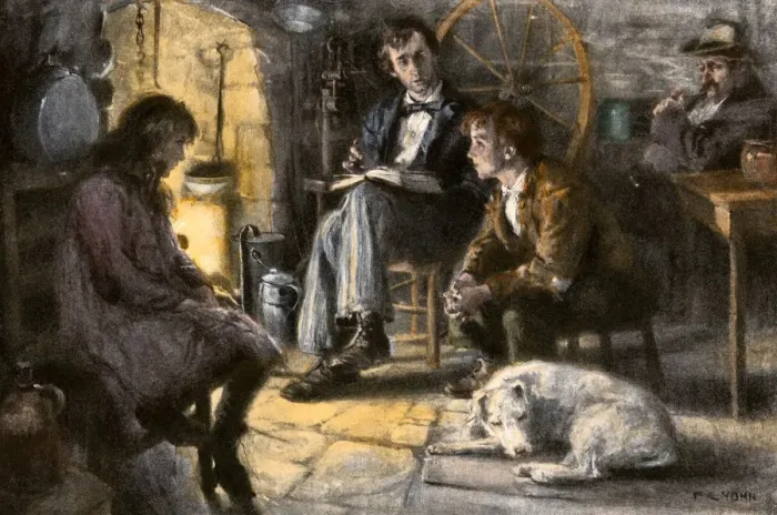 Framed Print : Frontier father reading to his children by firelight Framed Print : Frontier father reading to his children by firelight