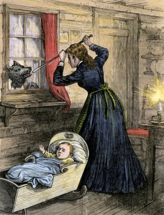 Framed Print : Frontier mother fighting a wolf in a log cabin Framed Print : Frontier mother fighting a wolf in a log cabin