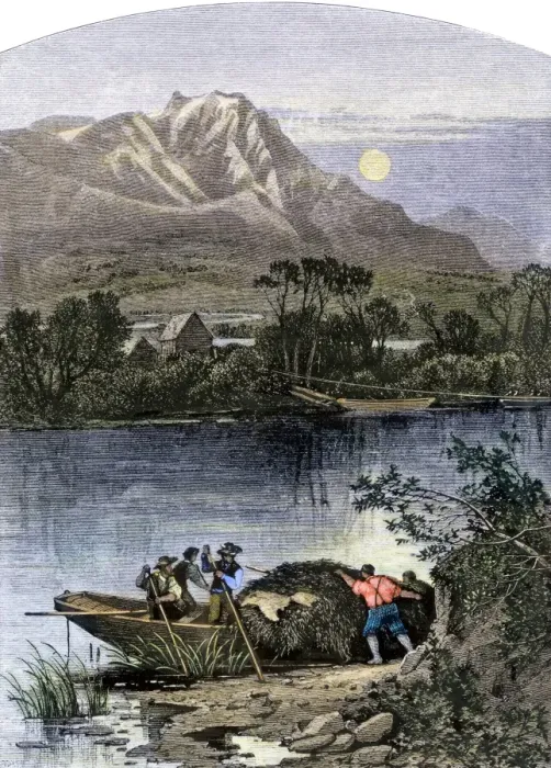 Framed Print : Fur traders boat piled high with pelts on the Bear River