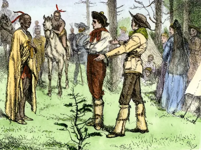 Framed Print : Fur traders and Native Americans conversing in pantomine