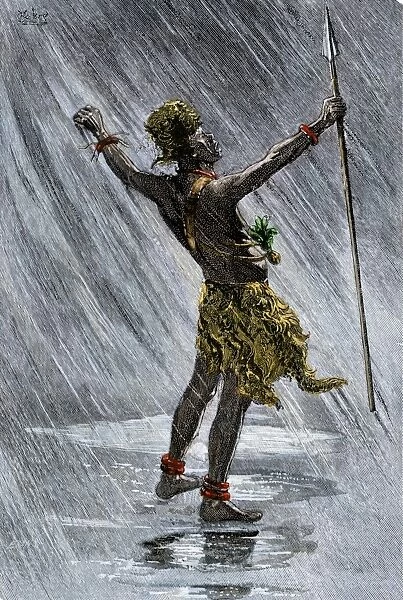 GAFR2A-00009. African native shaman invoking rain in the valley of the Congo, 1800s.