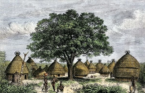 GAFR2A-00010. Native village in the valley of the Congo River, Africa, 1800s.