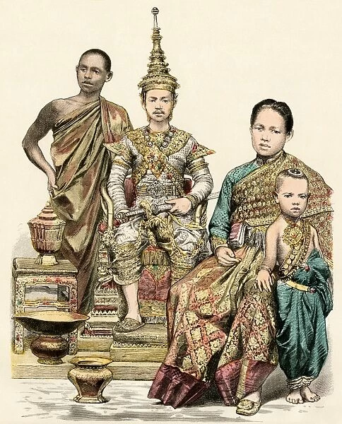 GASI2A-00066. King, queen, and young prince of Siam and a Buddhist monk, 1800s.