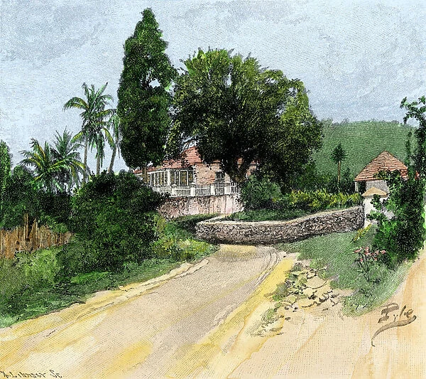 GATL2A-00033. Jamaican plantation houses from a roadside, 1880s.