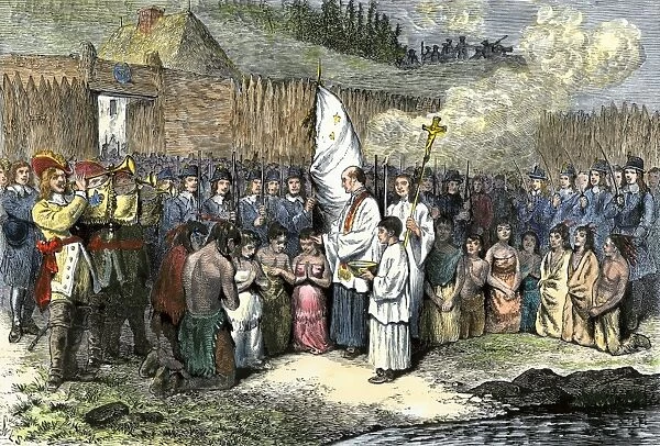 GCAN2A-00013. French priest baptising natives at Annapolis Royal, Nova Scotia, 1600s.