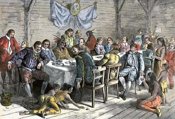 GCAN2A-00014. Dining hall of the French colonists at Annapolis Royal, Canada, 1600s.