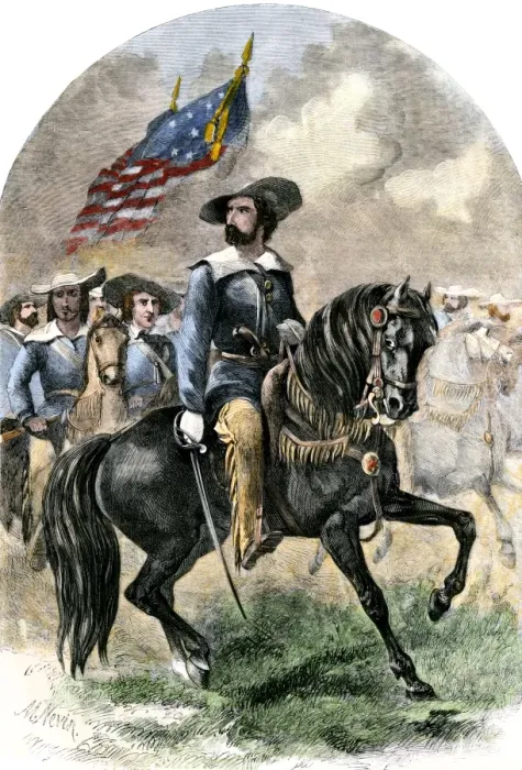 Framed Print : General John C. Fremont in his prairie uniform leading an expedition into western territory Framed Print : General John C. Fremont in his prairie uniform leading an expedition into western territory