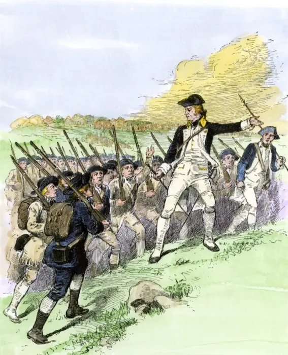 Framed Print : General John Stark leading his New Hampshire militiamen at the Battle of Framed Print : General John Stark leading his New Hampshire militiamen at the Battle of