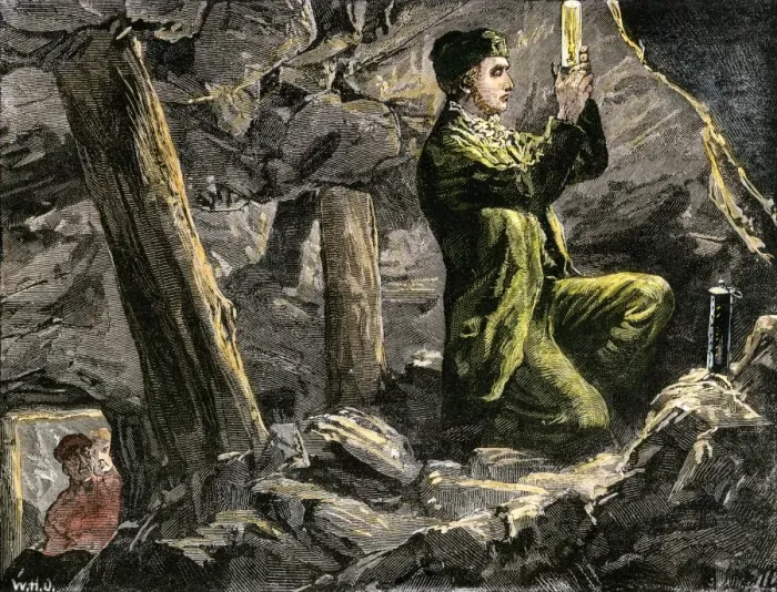 Framed Print : George Stephenson experimenting with his safety lamp in an English coal mine