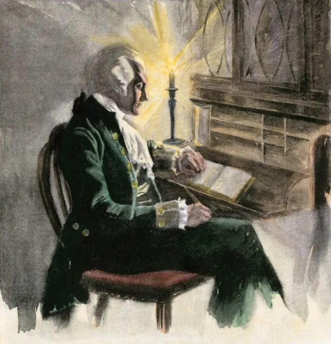 Framed Print : George Washington writing at his desk by candlelight