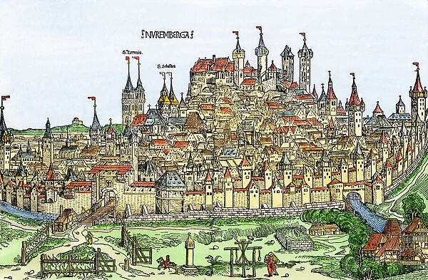 GEUR2A-00057. Medieval walled city of Nuremberg, Germany, 1400s.