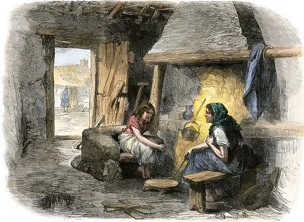 GGBR2A-00013. Interior of a poor Irish familys mud cabin in County Kildare, 1800s.