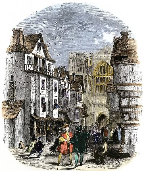 GGBR2A-00037. Street in London during the reign of Mary I, early 1500s.