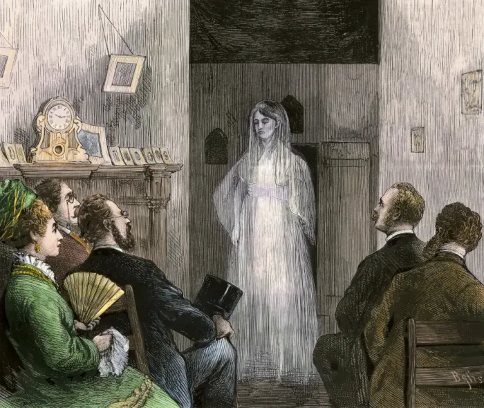 Framed Print : Ghost of Annie Morgan appearing before a seance, 1870s