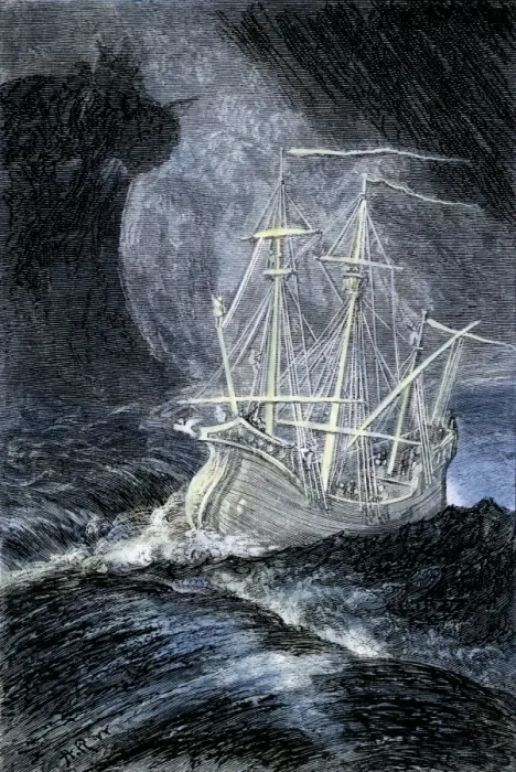 Framed Print : Ghost-ship in a storm. Hand-colored woodcut of a 19th-century illustration