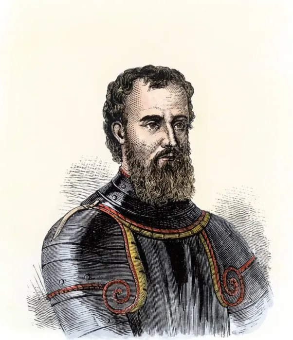 Framed Print : Giovanni da Verrazano. Hand-colored woodcut of a 19th-century illustration