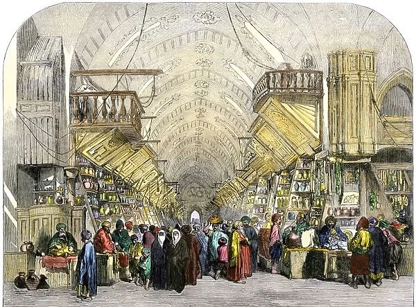 GMDE2A-00015. Busy drug bazaar in Istanbul, 1850s.