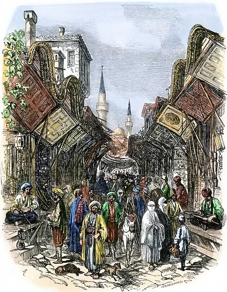 GMED2A-00020. Street crowded with merchants in Istanbul, Turkey, 1850s.