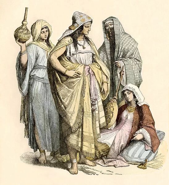 GMED2A-00029. Arab women in traditional attire, including one veiled Muslim woman.