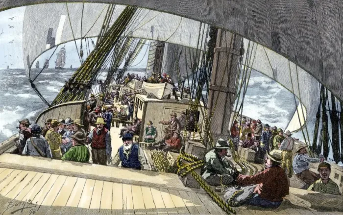 Framed Print : Gold seekers en route to the California Gold Rush on a clipper ship in fair Framed Print : Gold seekers en route to the California Gold Rush on a clipper ship in fair