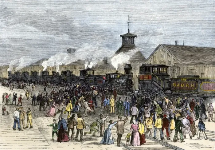 Framed Print : Great Railroad Strike workers blockade the locomotive engines at Martinsburg