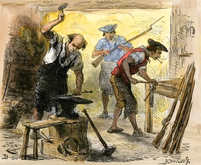 Framed Print : Gunsmiths forging muskets for the Minutemen before the American Revolution Framed Print : Gunsmiths forging muskets for the Minutemen before the American Revolution