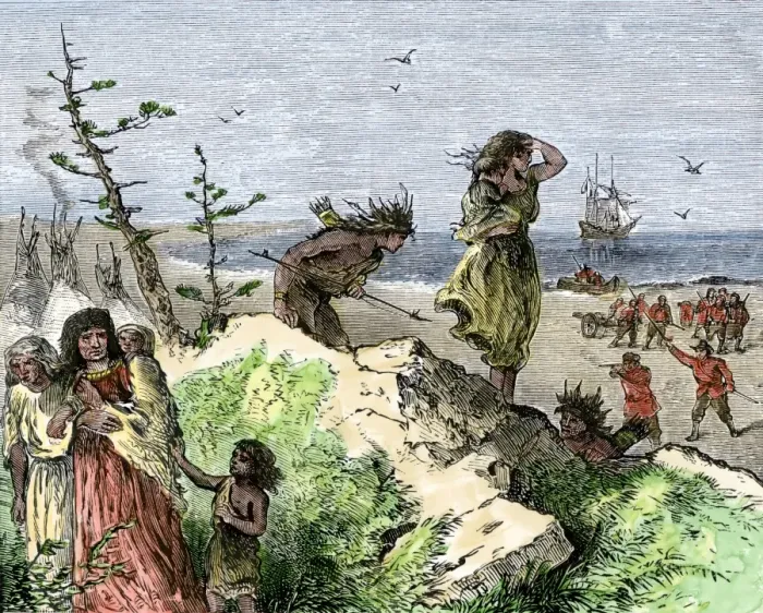 Framed Print : Henry Hudsons attack on a Native American village on the Atlantic coast Framed Print : Henry Hudsons attack on a Native American village on the Atlantic coast