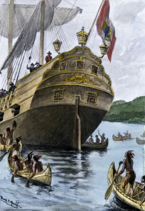 Framed Print : Henry Hudsons ship Half Moon arriving at Manhattan Island Framed Print : Henry Hudsons ship Half Moon arriving at Manhattan Island