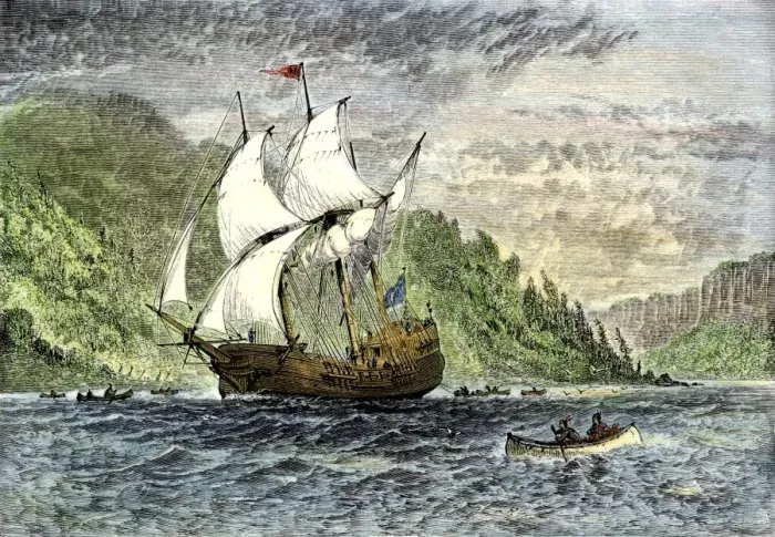 Framed Print : Henry Hudsons ship Half-Moon ascending the Hudson River Framed Print : Henry Hudsons ship Half-Moon ascending the Hudson River
