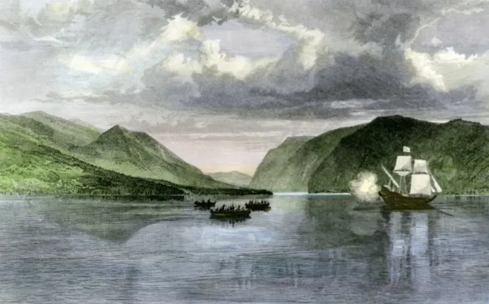 Framed Print : Henry Hudsons ship Half Moon meets Native Americans in the Hudson Framed Print : Henry Hudsons ship Half Moon meets Native Americans in the Hudson